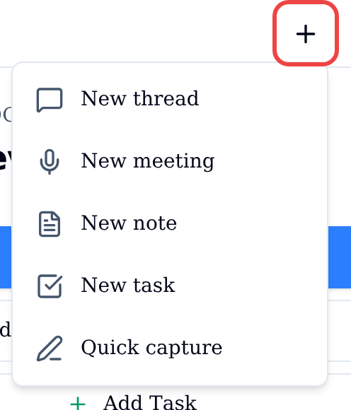 Quick-actions menu opened from the plus button in the mobile header