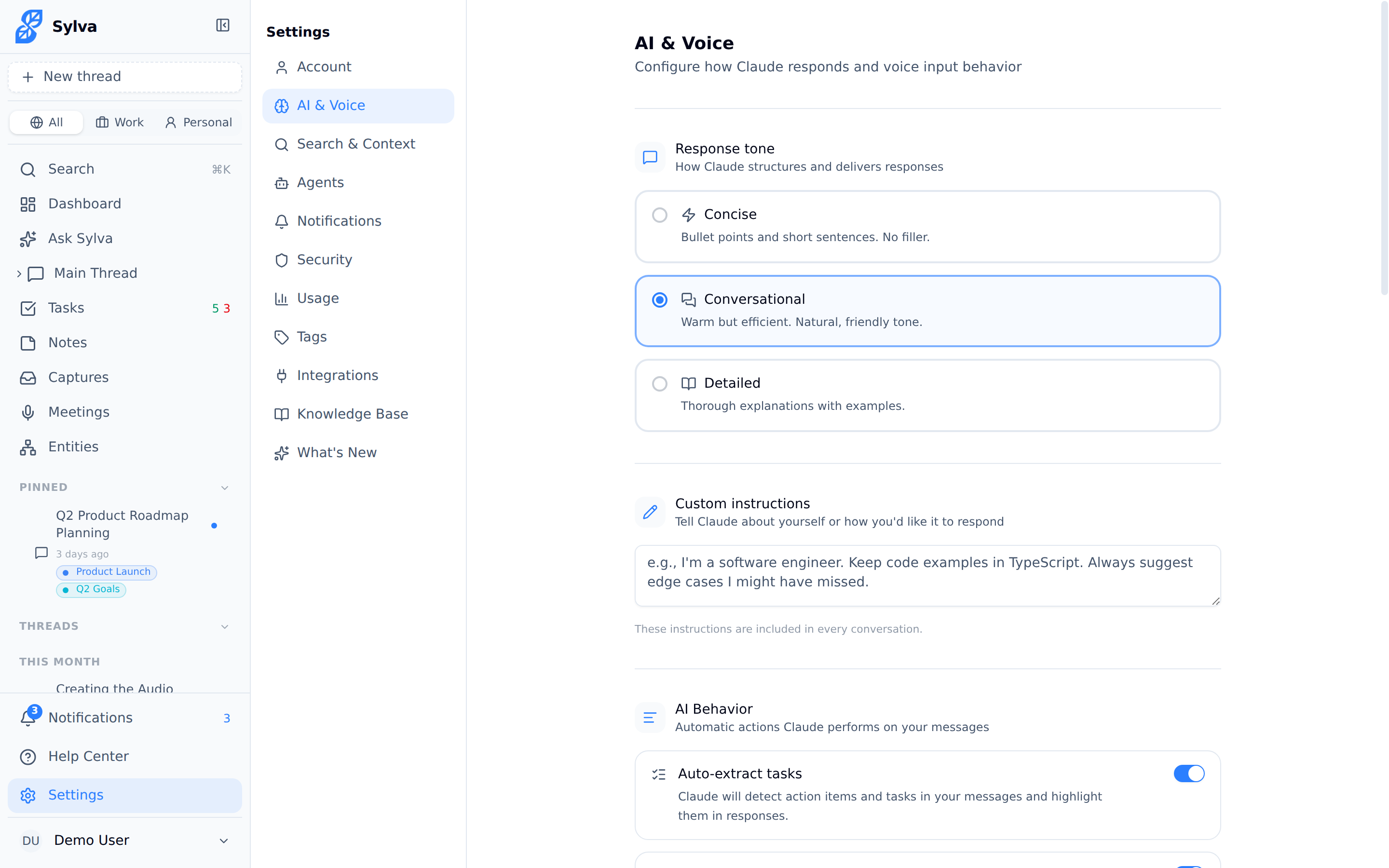 AI Voice settings page