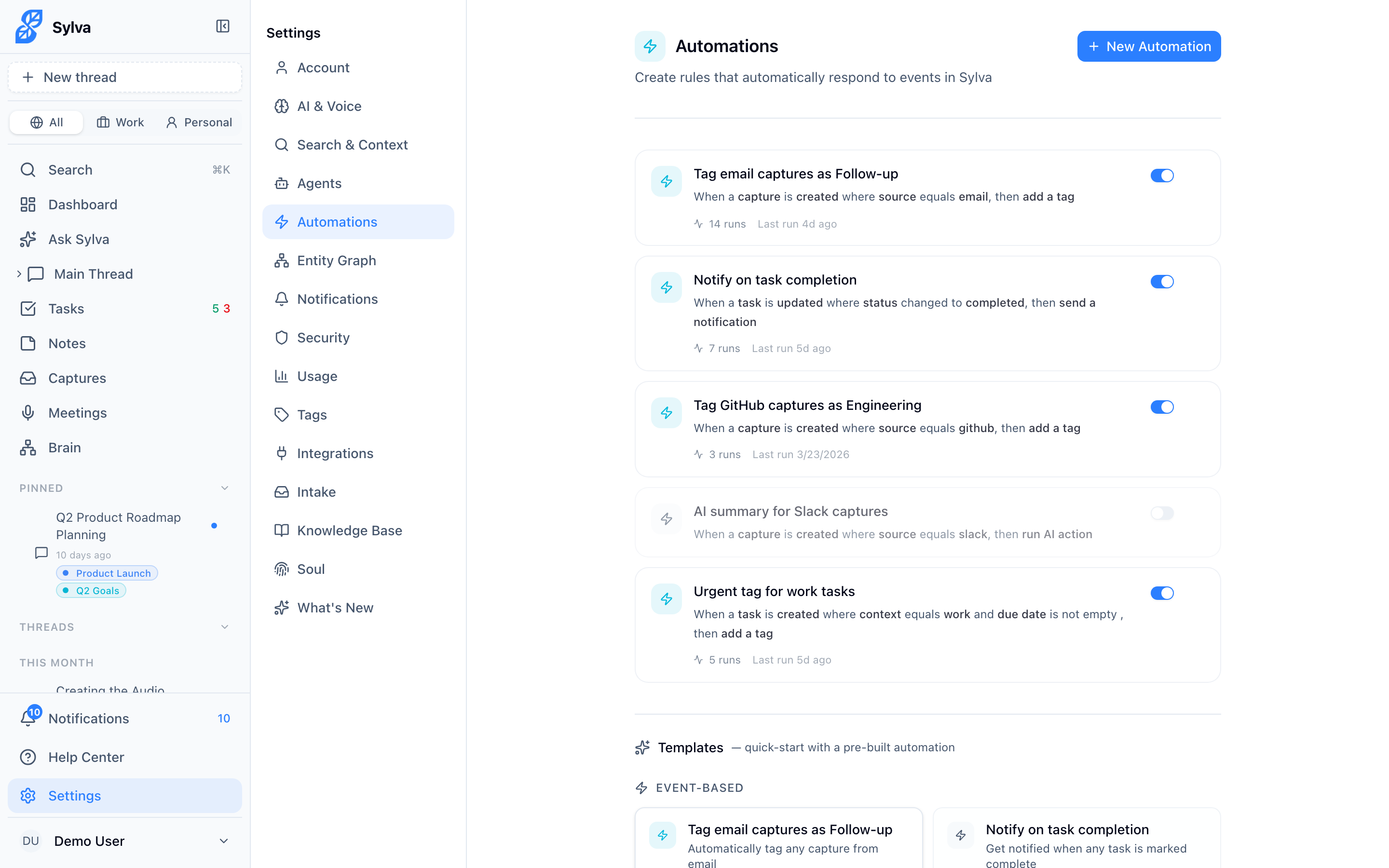 Automations settings page
