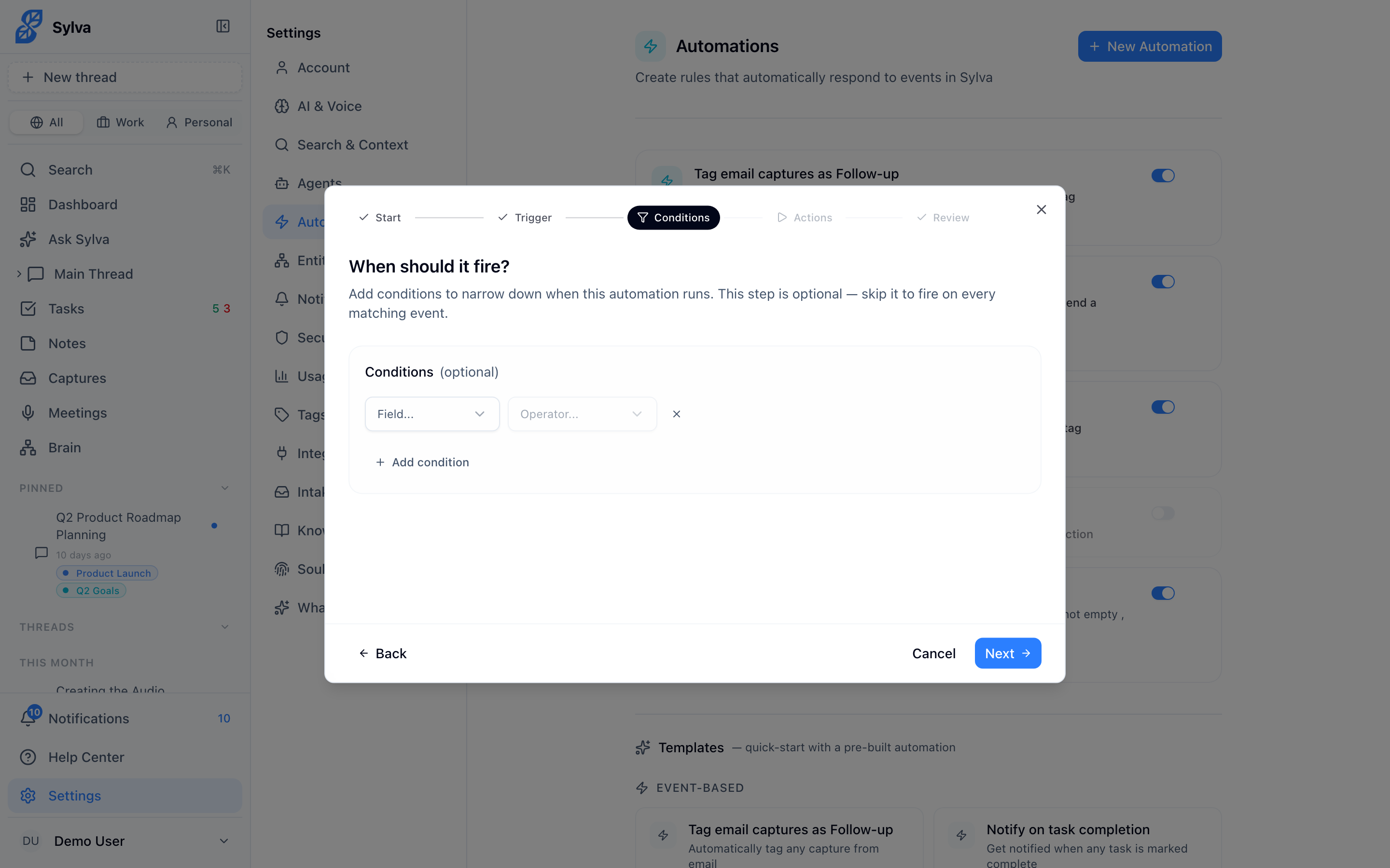 Condition rows in the automation builder