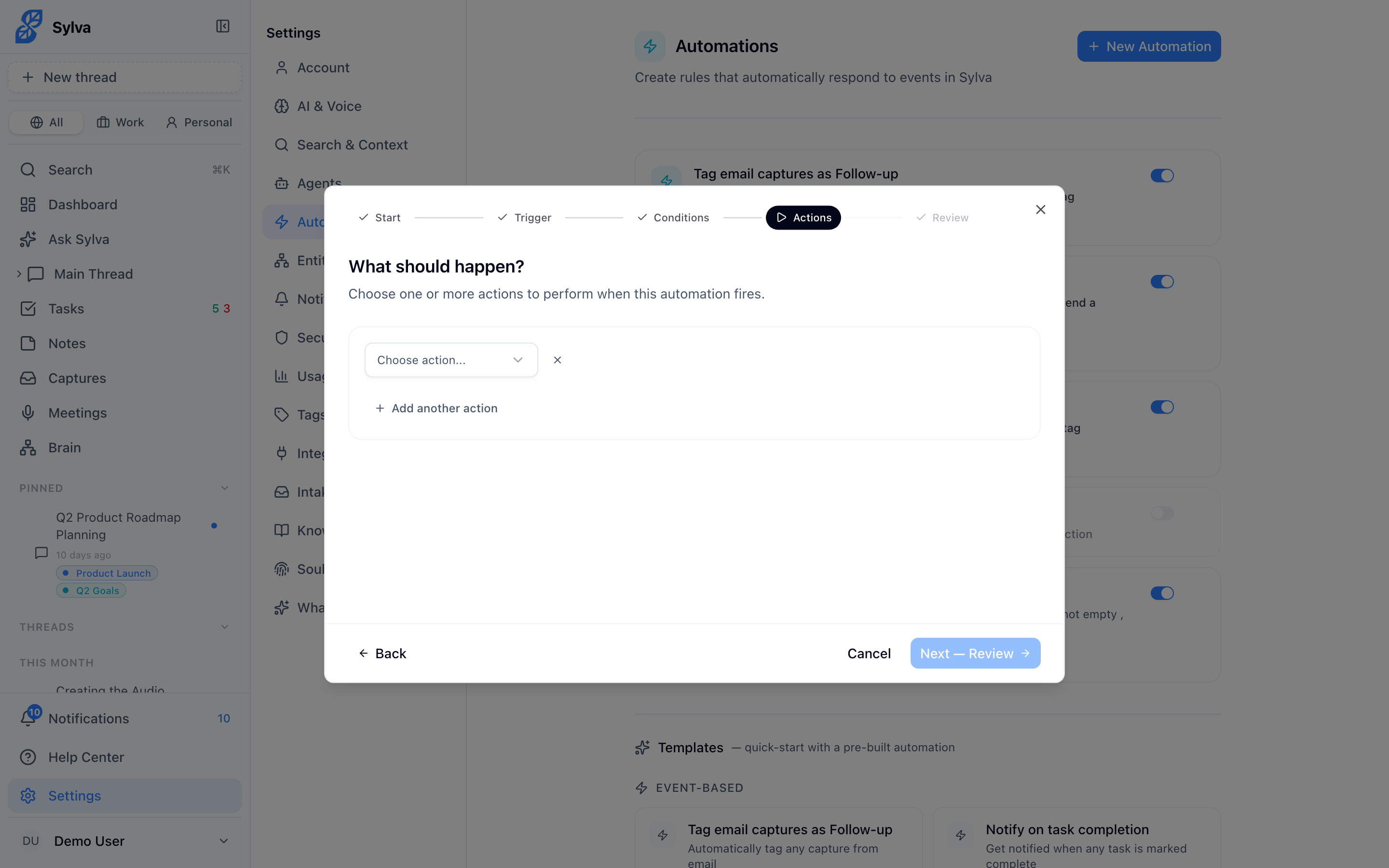 Action types in the automation builder
