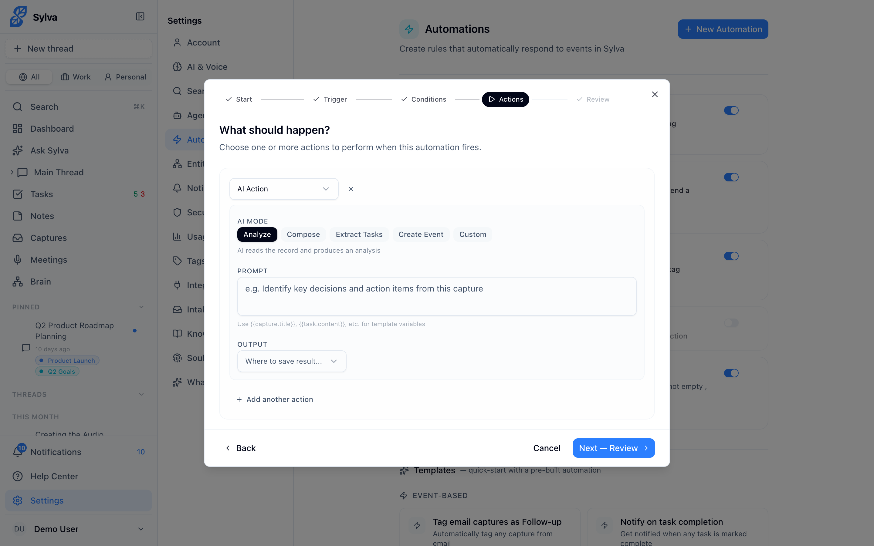 AI action configuration panel