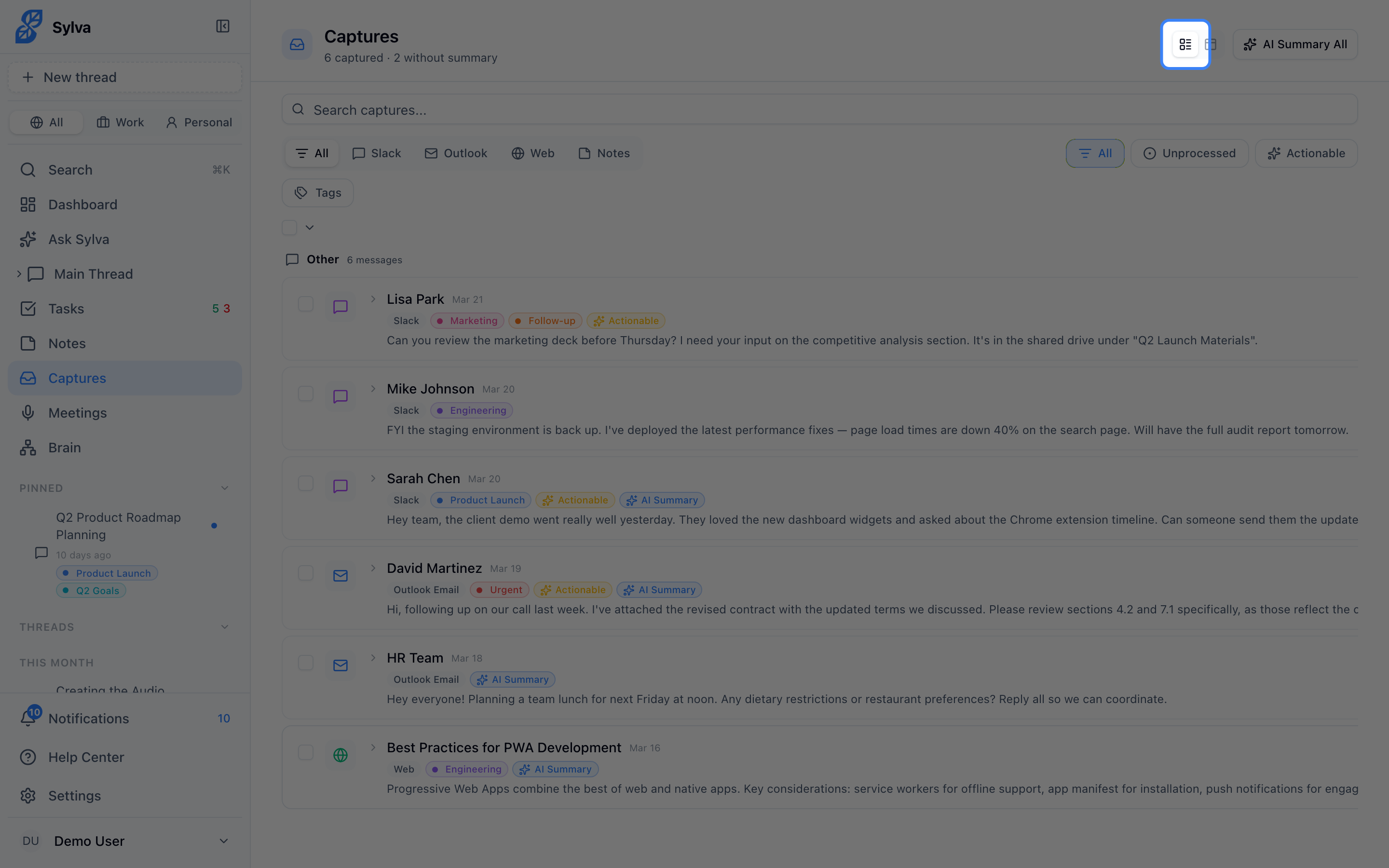 View switcher toggled to card view on the Captures page