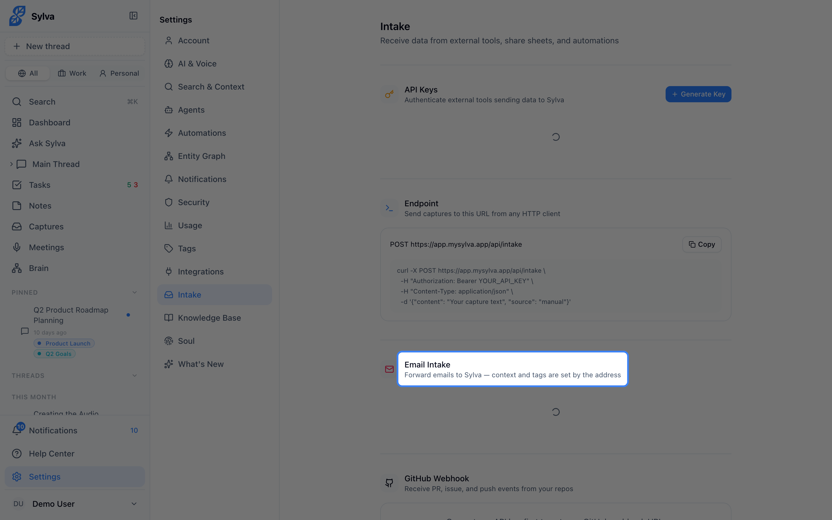 The Email Intake section showing your base address and any configured addresses