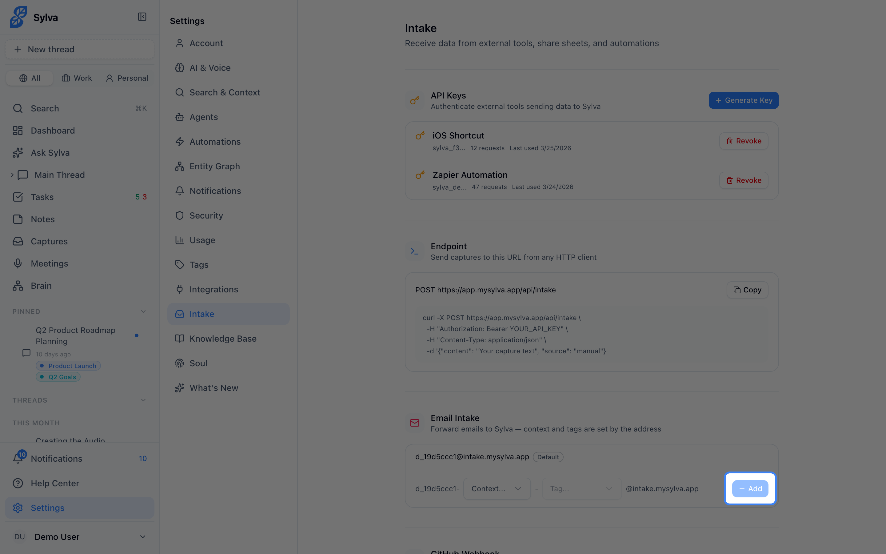 Creating a new intake address with context and tag selectors