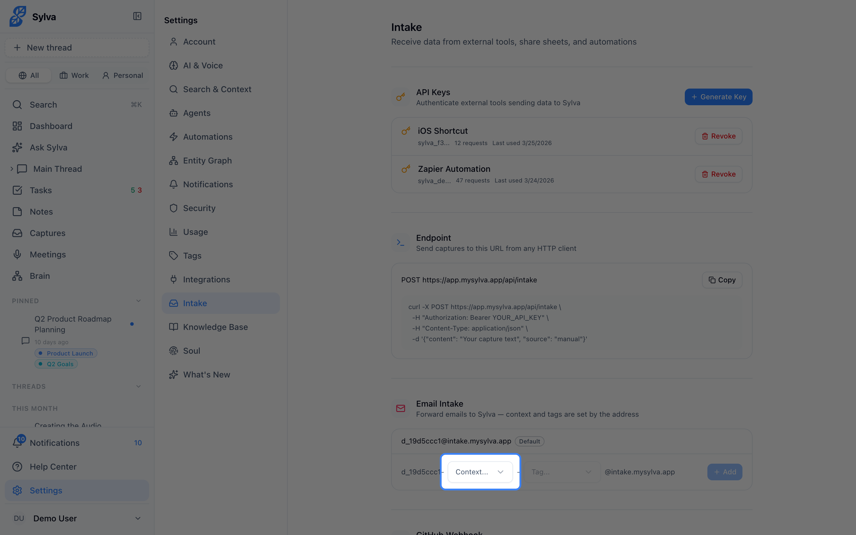Selecting a context from the dropdown