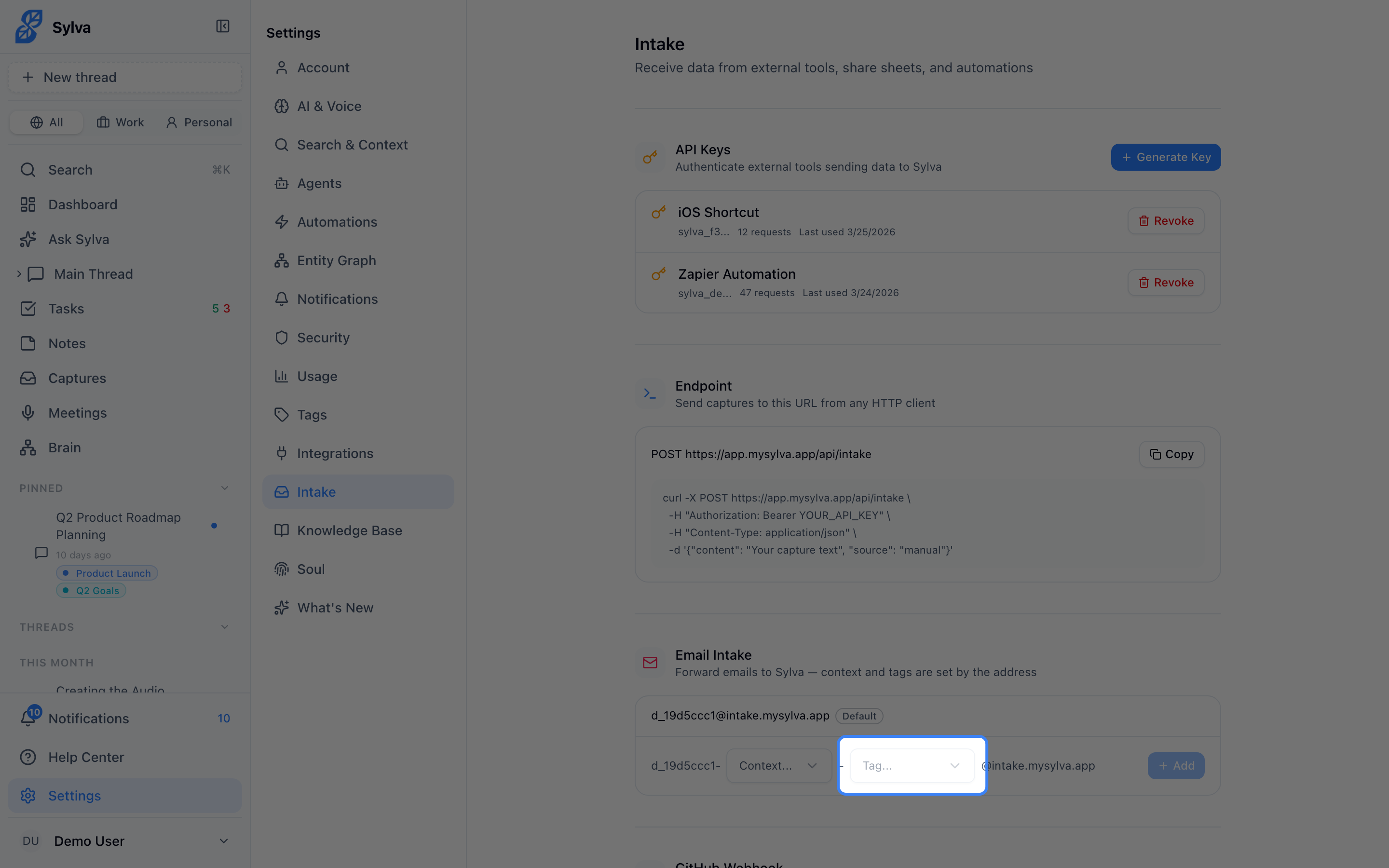 Choosing an optional tag filtered by the selected context