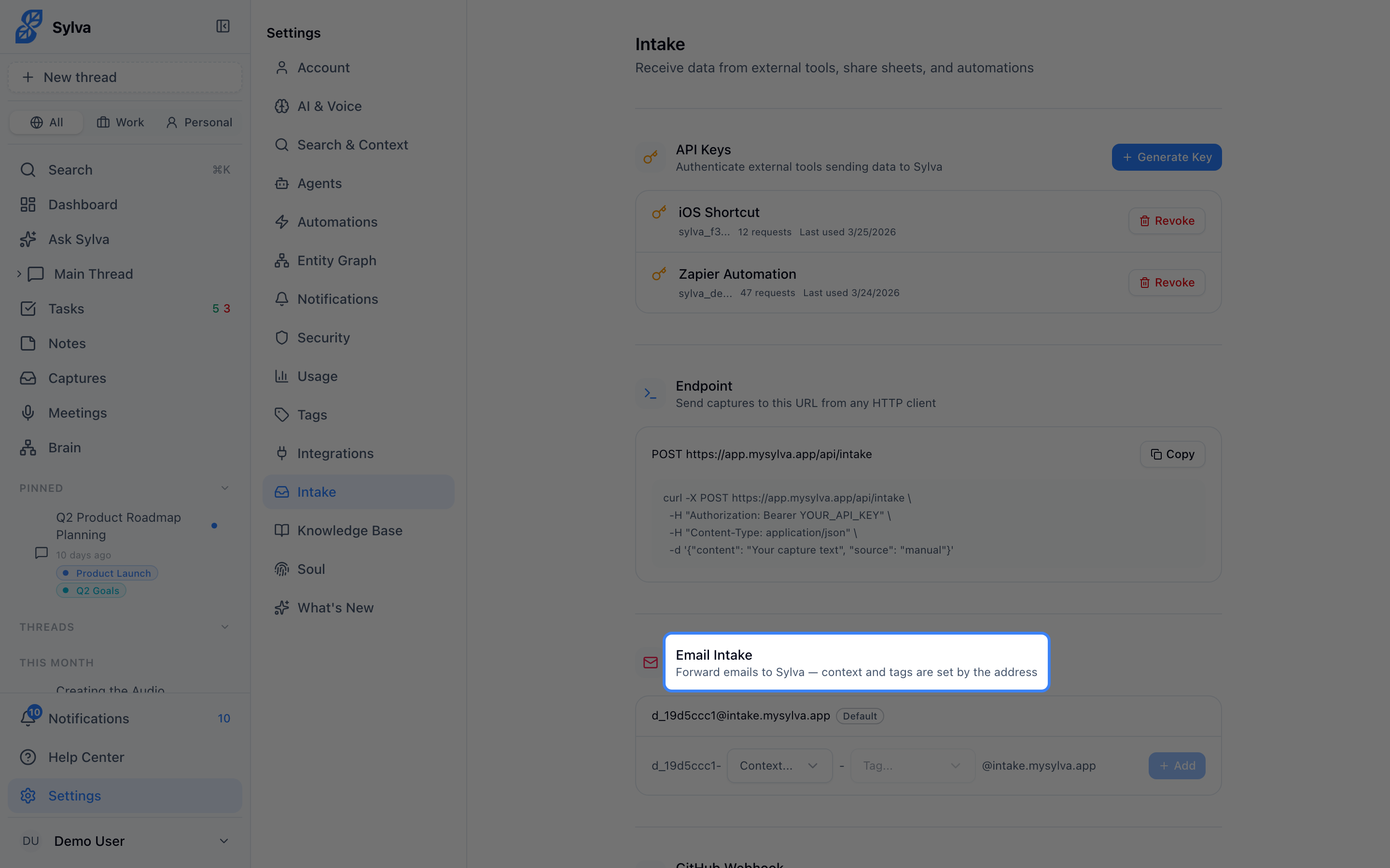 The full list of configured intake addresses with context and tag badges