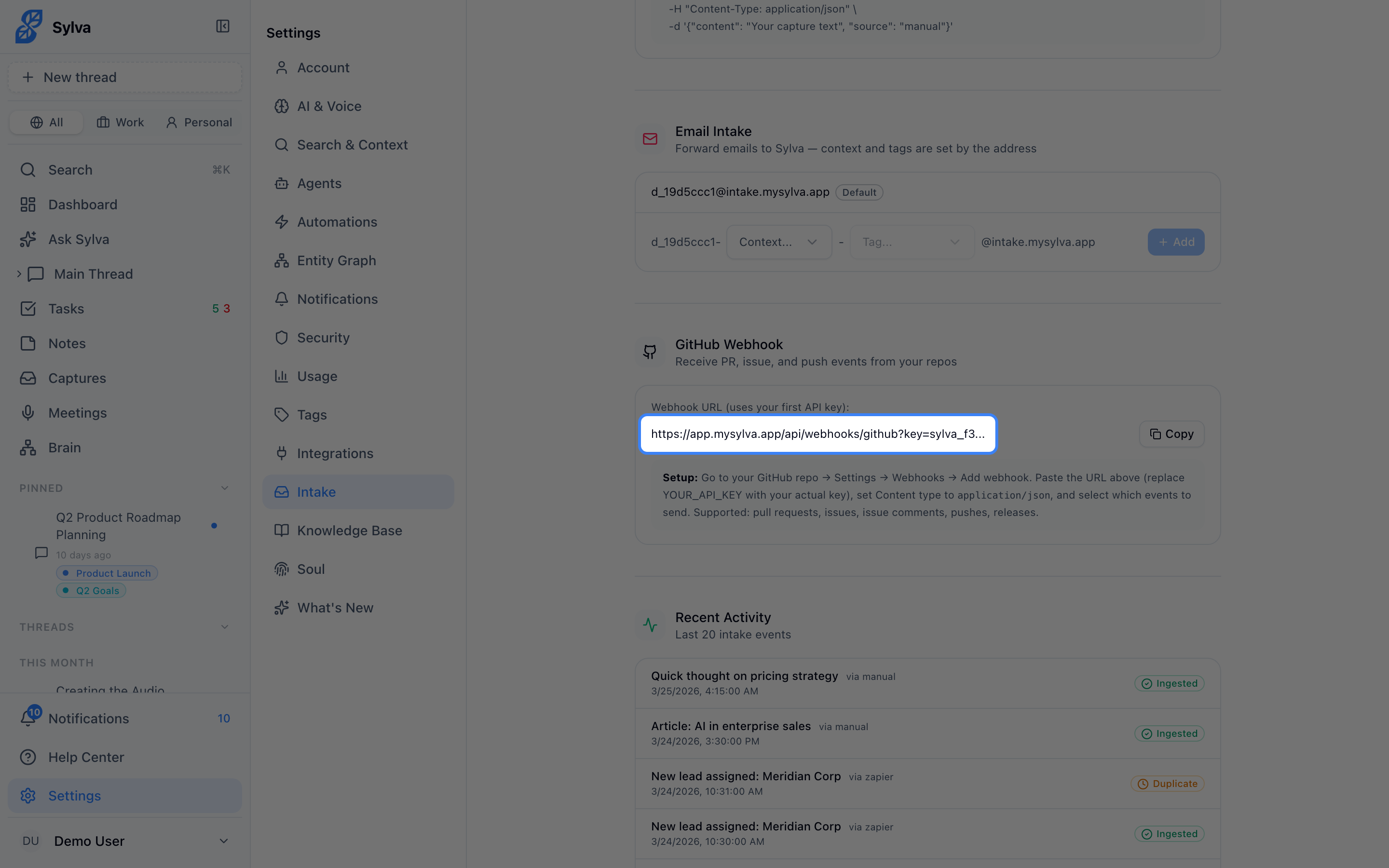 Copy the GitHub webhook URL from Intake settings
