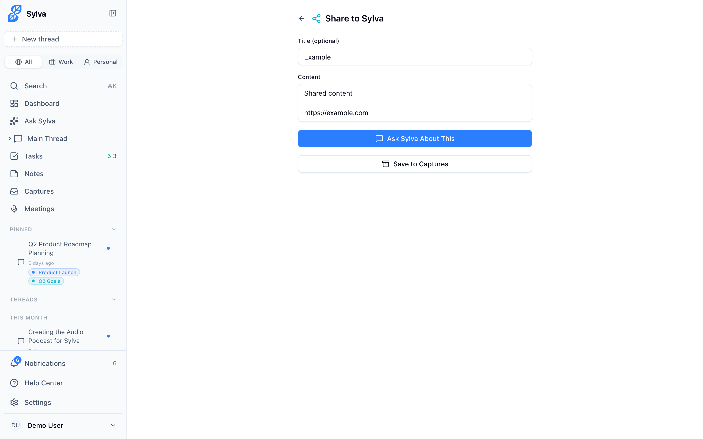 Share page with pre-filled fields and action buttons