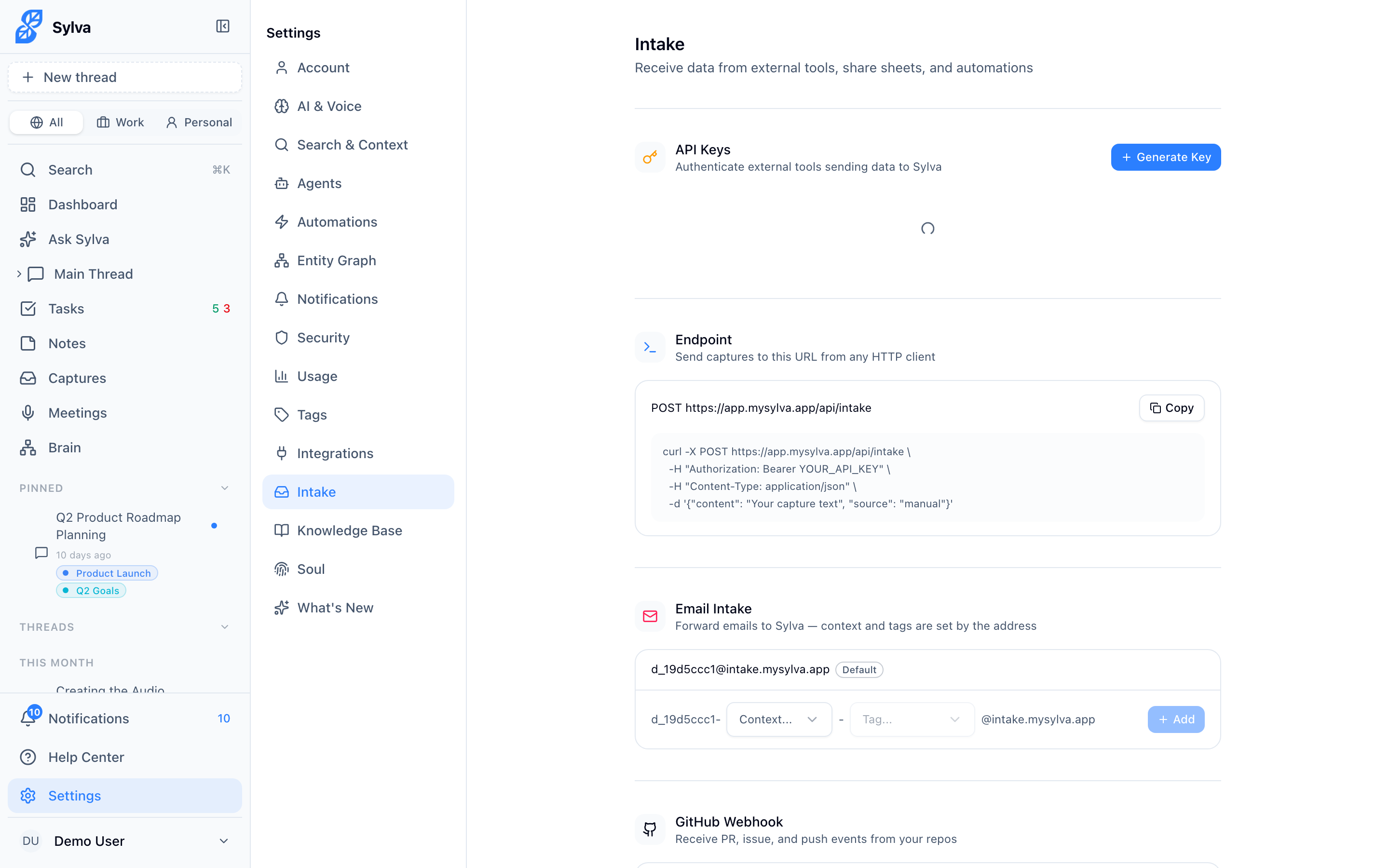 Settings page showing API key management