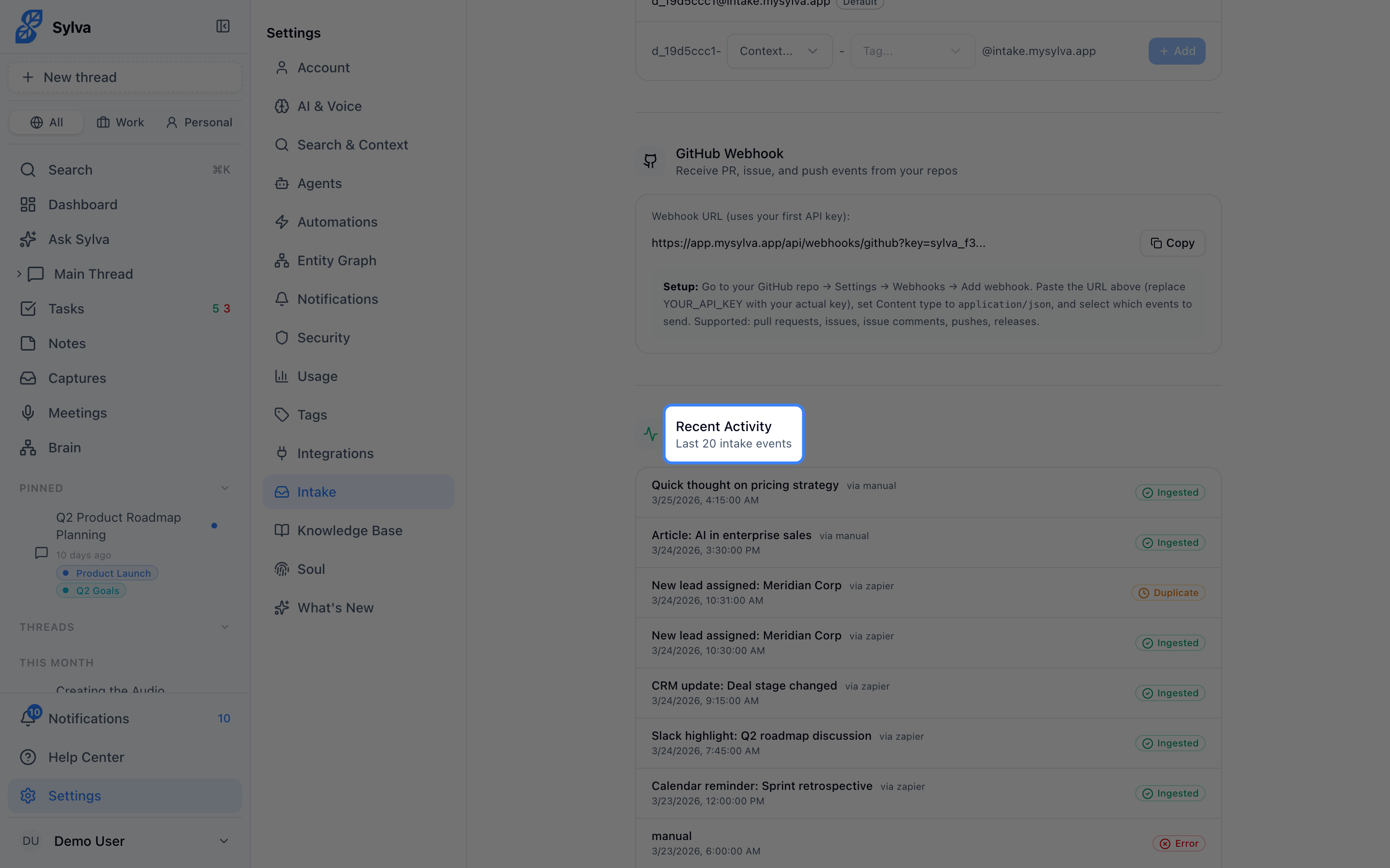 Email intake address in settings