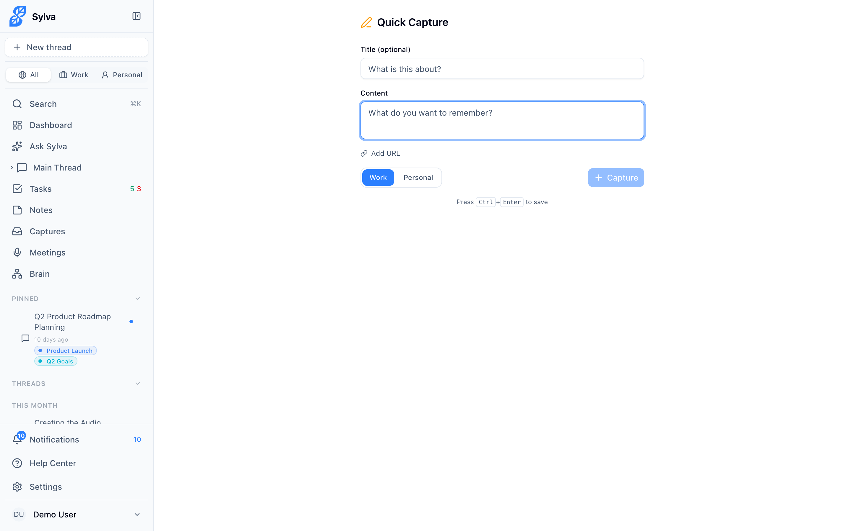 Quick Capture form with content field focused