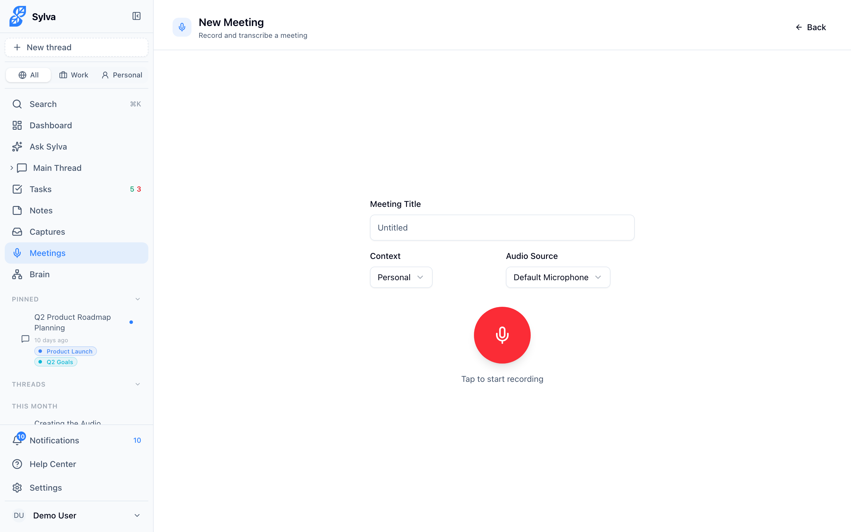 New recording page showing microphone and audio source options