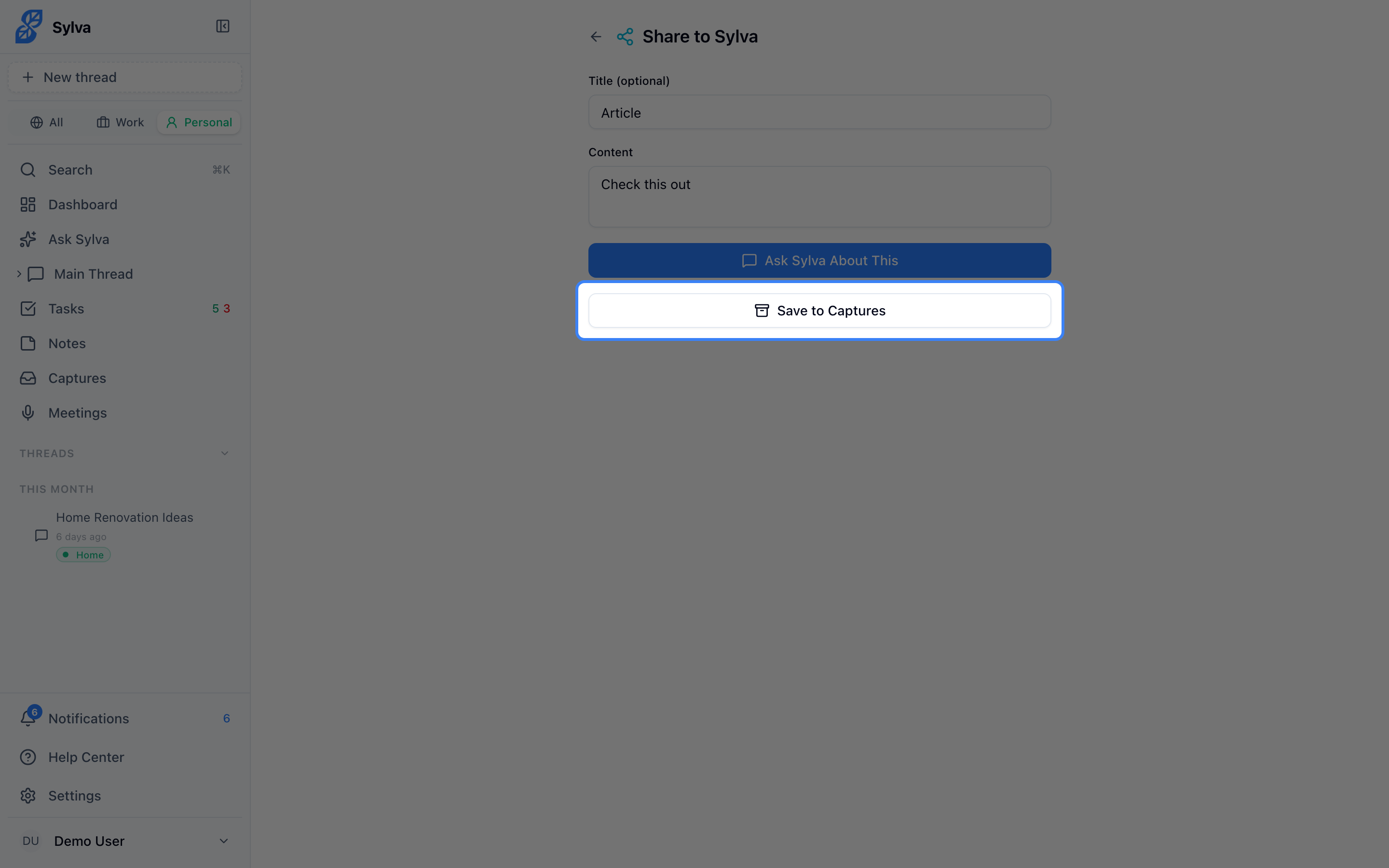 Save to Captures button