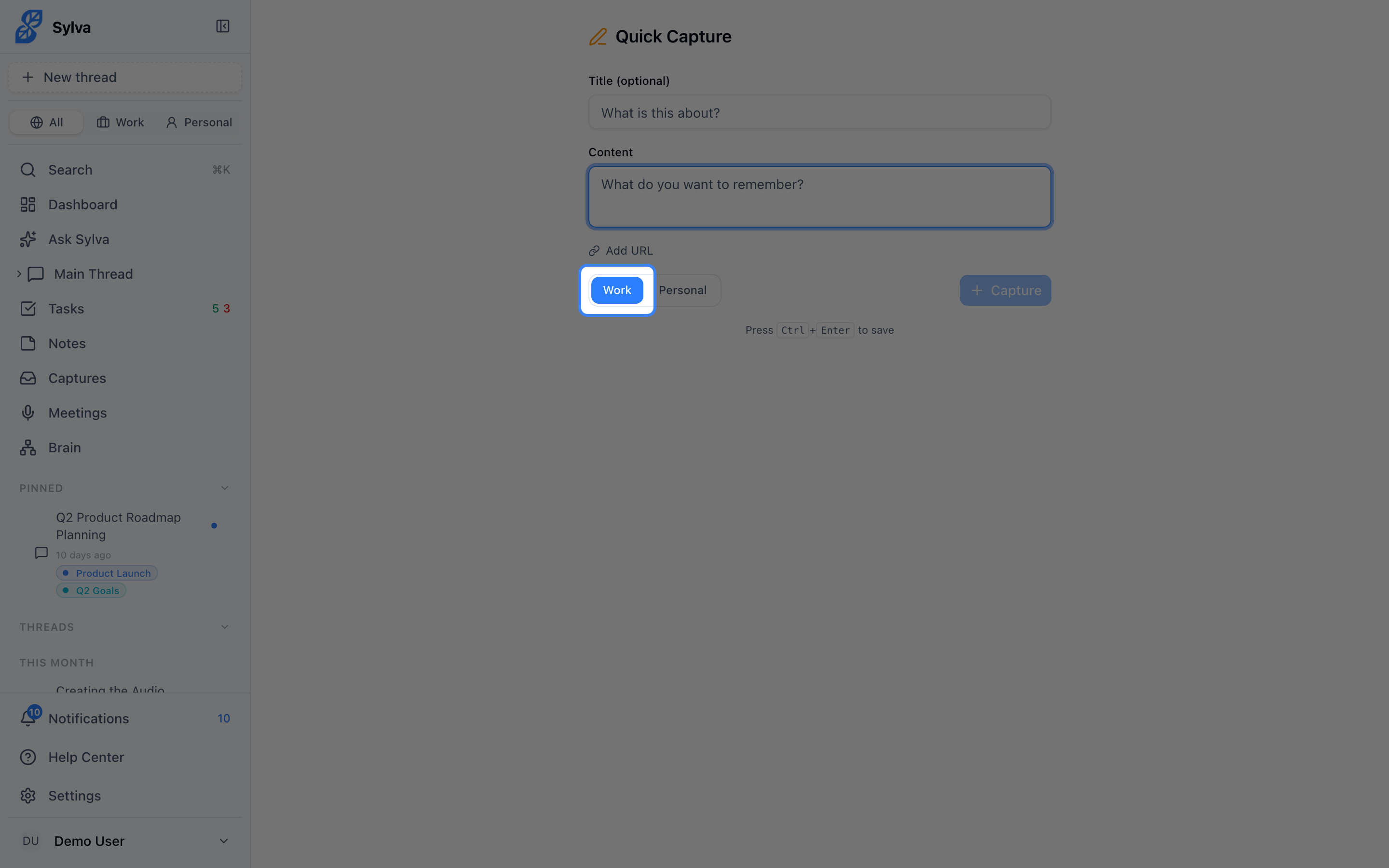 Selecting the Work or Personal context toggle