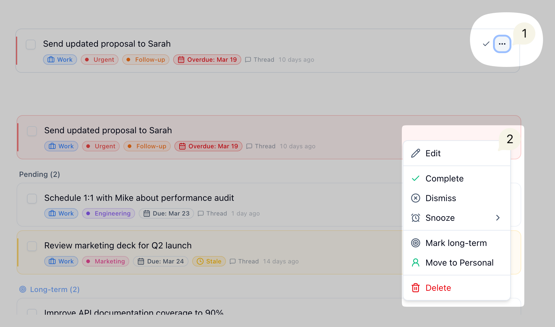Task card actions menu