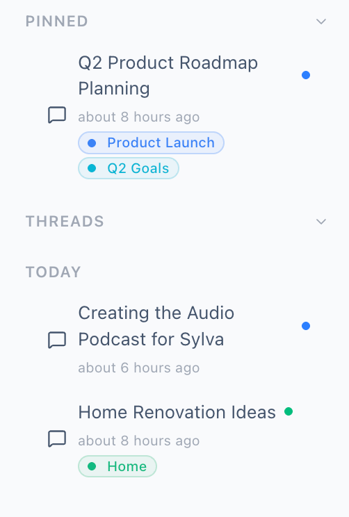 Threads and topics in the sidebar