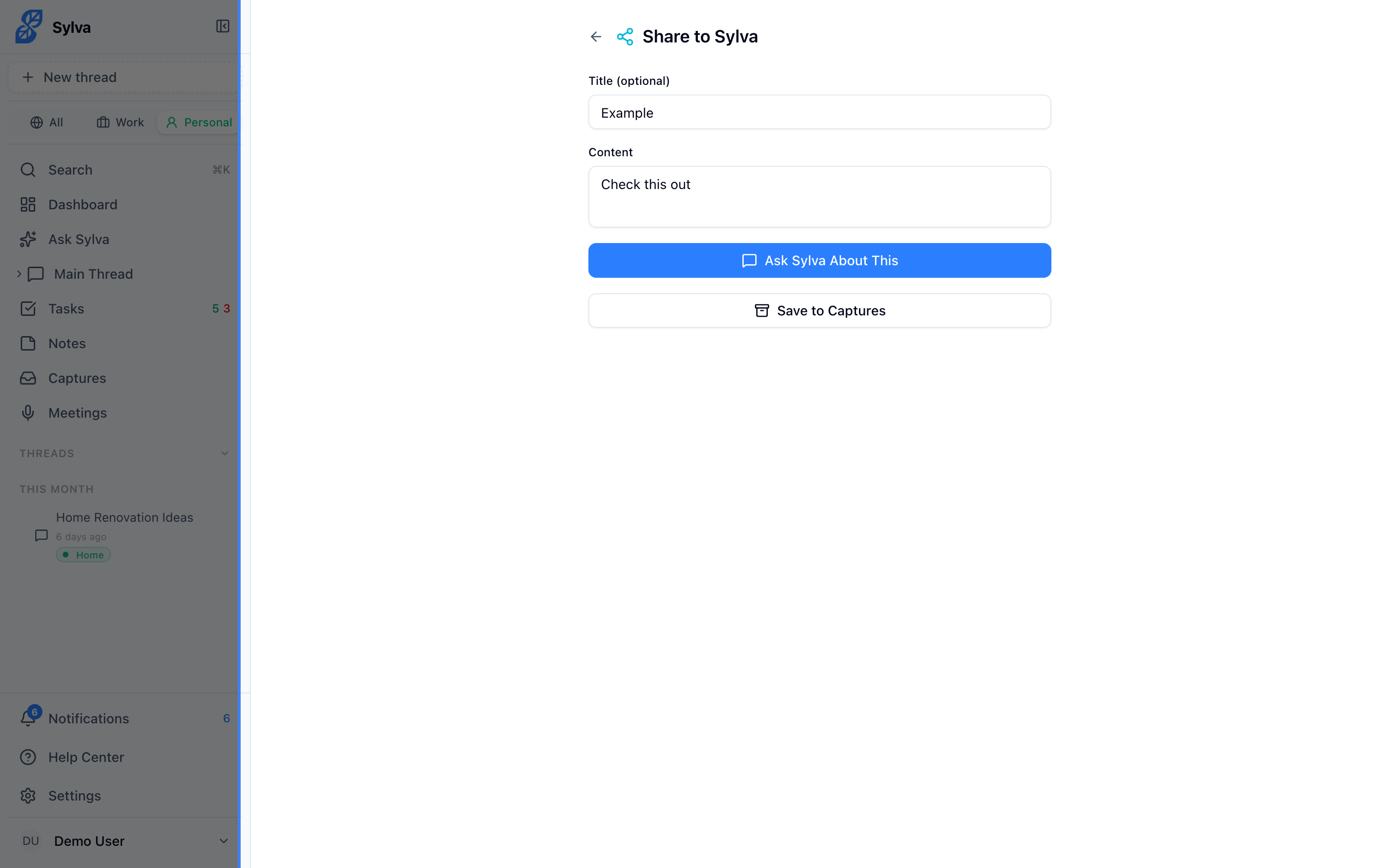 Share page with Ask Sylva and Save to Captures options